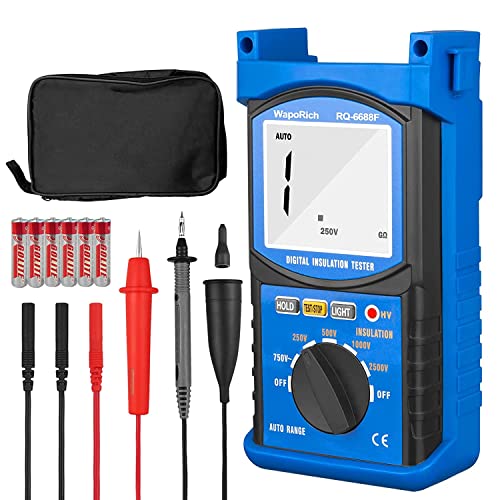 Digital Insulation Resistance Tester, RQ-6688F Voltage Tester 250/500/ 1000/ 2500V, Auto Range Megohmmeter 1MΩ~20GΩ, Resistance Tester with 1999 Count LCD Display, Data Hold, Back-Light （Battery） - color: US-RQ-6688F