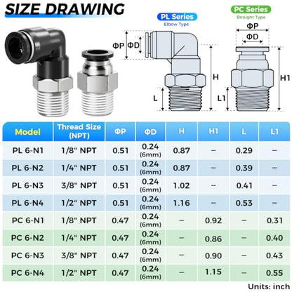 TAILONZ PNEUMATIC Elbow and Straight Combination 6MM Tube OD x 1/8 Inch NPT Thread Push to Connect Fittings PC6-N1+PL6-N1(Pack of 12) - size: 15/64"OD x 1/8"NPT