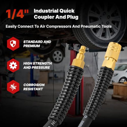 Polyurethane Recoil Air Hose, Air Compressor Hose 3/8" Inner Diameter by 25' Long with Bend Restrictor, 1/4" Industrial Quick Coupler and Plug, Black - size: 3/8IN