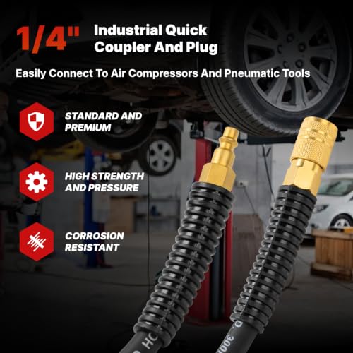 Polyurethane Recoil Air Hose, Air Compressor Hose 1/4" Inner Diameter by 25' Long with Bend Restrictor, 1/4" Industrial Quick Coupler and Plug, Black - size: 1/4IN