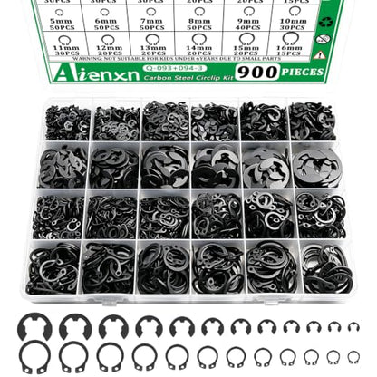 900PCS Snap Rings Kit, E Clips Kit (2-12MM) and C Clips Kit (5-16MM) - color: Black Carbon Steel, size: 900PCS E-clips+c-clips