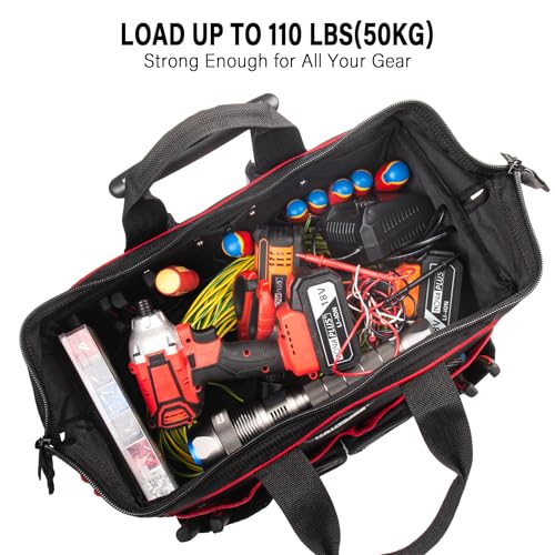 HAUTMEC 18" Rolling Tool Bag with Wheels, Heavy-Duty Water-Resistant Tool Bag Organizer with 23-Pocket, Wide-Mouth Design, Oversized Wheels & Telescoping Handle - HTTBM25004 - color: 18-Inch | Red