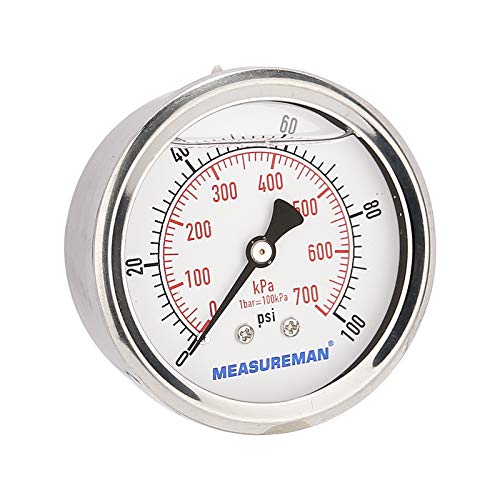 MEASUREMAN 2-1/2inch Dial Size, Glycerin Filled Pressure Gauge, 0-100psi/kpa, 304 Stainless Steel Case, 1/4 Inch NPT Center Back Mount - size: 0-100 psi, style: Back Mount