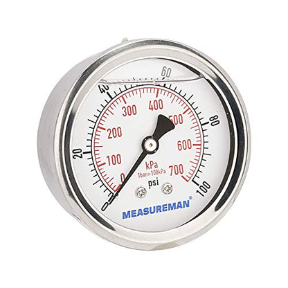 MEASUREMAN 2-1/2inch Dial Size, Glycerin Filled Pressure Gauge, 0-100psi/kpa, 304 Stainless Steel Case, 1/4 Inch NPT Center Back Mount - size: 0-100 psi, style: Back Mount