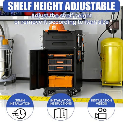 Metal Mobile Tool Storage Cabinet with 1 Locking Door and 2 Drawer - color: Black, style: 2 drawers 1 door with wheels