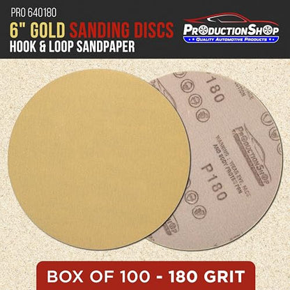 ProductionShop Premium 180 Grit 6" Gold Sanding Discs, Box of 100 - Hook & Loop Backing Abrasive Sandpaper for DA & Random Orbital Sanders - Sand Automotive Paint, Metal, Wood, Woodworking Furniture - style: 180 Grit