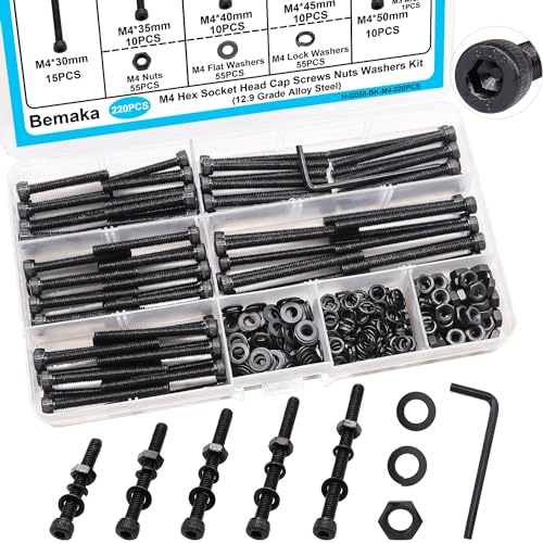 220PCS Black M4 Hex Socket Head Cap Screws, M4 x 30/35/40/45/50mm Metric Screws Bolts Nuts Washers Assortment Kit, 12.9 Grade Alloy Steel - color: BK-M4 x 30-50mm/
