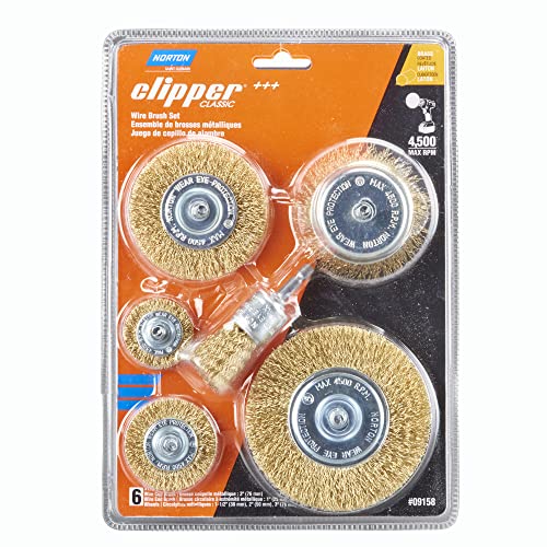 Norton Wire Brush Set, Clipper Wire Wheel Brush Set for Drill, Coated Brass Brushes for Cleaning, Crimped Wire Metal Brush, Pack of 6
