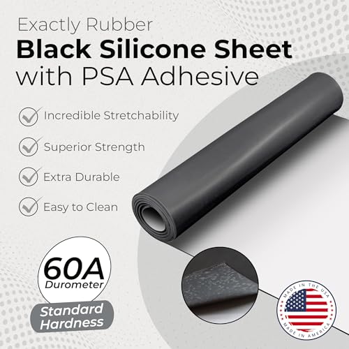 Exactly Rubber - Black Silicone Sheet with PSA Adhesive, 60A Durometer Rubber Mat, Gasket Material, -80 to 450°F Temperature Resistance, 350% Elongation Rubber Sheet, Made in The USA, 1/16 x 9” x 36” - size: 1/16 x 9 x 36
