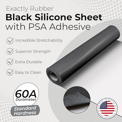 Exactly Rubber - Black Silicone Sheet with PSA Adhesive, 60A Durometer Rubber Mat, Gasket Material, -80 to 450°F Temperature Resistance, 350% Elongation Rubber Sheet, Made in The USA, 1/16 x 9” x 36” - size: 1/16 x 9 x 36