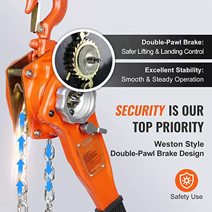 VEVOR Manual Lever Chain Hoist, 3/4 Ton 1650 lbs Capacity 5 FT Come Along, G80 Galvanized Carbon Steel with Weston Double-Pawl Brake, Auto Chain Leading & 360° Rotation Hook, for Garage Factory Dock - size: 3/4 Ton 5FT