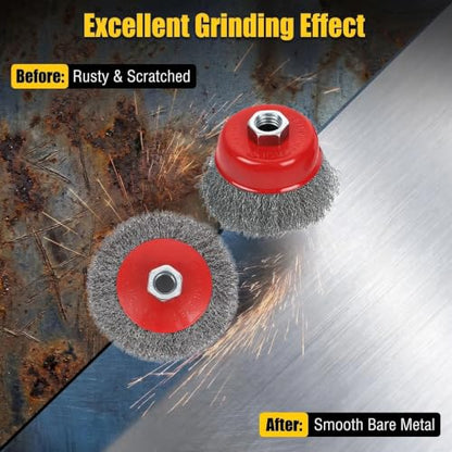 4Pcs 4"Coarse Crimped Wire Wheel & 3"Cup Brush For 4-1/2" Angle Grinder 5/8"-11 UNC Arbor, 0.014”Carbon Steel Wire Brush For Rust, Corrosion, Paint Removal(With 2Pcs 1/4" Shank Drill Adapter) - style: 4" Coarse Crimped Wire Wheel & 3" Cup Brush