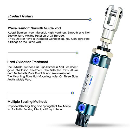 TAILONZ PNEUMATIC 20mm Bore 25mm Stroke Air Cylinder Double Action with Y Connector and 2Pcs 6mm Fitting MAL20x25 - size: 20mm Bore 25mm Stroke