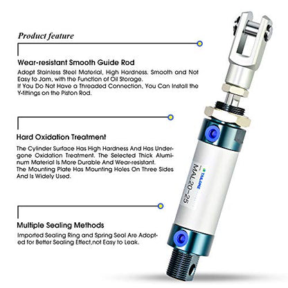TAILONZ PNEUMATIC 20mm Bore 25mm Stroke Air Cylinder Double Action with Y Connector and 2Pcs 6mm Fitting MAL20x25 - size: 20mm Bore 25mm Stroke