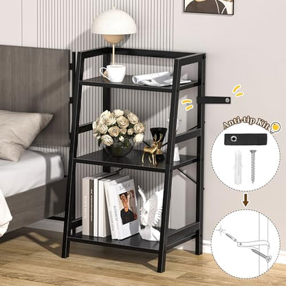 3-Tier Bookshelf, Ladder Shelf, Stand up Shelves, Industrial Bookcase with Steel Frame, Metal Small Bookcase, for Living Room, Home Office, Kitchen, Bedroom, Industrial Style（Black） - color: Black, size: 3 Tier (11.8"D x 16.5"W x 31.3"H)