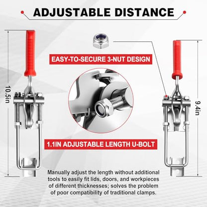 Chumia 2 Pcs Large Pull Action Clamp, 304 Stainless Steel Heavy Duty Toggle Latch Clamp with Threaded U-bolt, Toggle Latch for Machine, Smoker Lid, Tire Carrier Toolbox Locks, 9.4-10.5 Inch Length