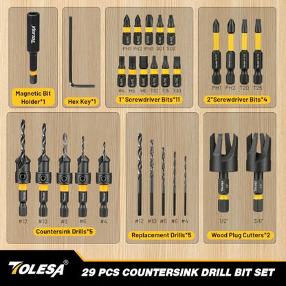 TOLESA Countersink Drill Bit Set, 29 PCS Counter Sink Drill Bit for Wood with 2PC Wood Plug Cutters, Magnetic Extension Bit Holder, Screwdriver Bits, Storage Case