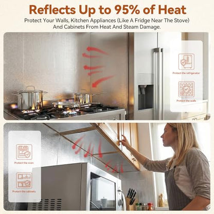 12"x40" Heat Shield Mat (Rolled - No Creases) - 95% Reflective Aluminized Fiberglass Adhesive Thermal Barrier for Kitchen Cabinets, Refrigerator, Stove, Engine & Exhaust - size: 12 × 40 Inch