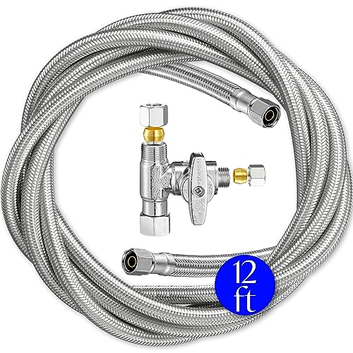 Refrigerator Ice Maker Water Line Kit - 12' Braided Stainless Steel Fridge Water Line with 1/4" Compression Fittings Pex Tubing Core and Water Splitter - size: 12 Feet
