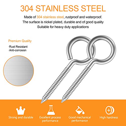 Pack of 20 Metal Hooks, 304 Stainless Steel Screw Eyes, Self-Tapping Eye Bolts, Pending Lights and Wires, Strong Indoor and Outdoor Use - size: 20 Pack - 2"