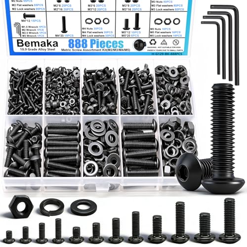 888PCS Metric Screw Assortment Kit, M2 M3 M4 M5 Metric Bolt Assortment, Button Head Socket Cap Screws Bolts Nuts Washers Kit, 10.9 Grade Alloy Steel Machine Screws for 3D Printing - color: BK-M2 M3 M4 M5-888PCS