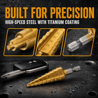 HSS 4241 Titanium Coated Step Drill Bit, 1/4 Inch Hex Shank Hole Cutter, 4-22mm/4-20mm for Thin Metal, Aluminum, PVC, Wood(4-20Bit) - size: 4-20Bit