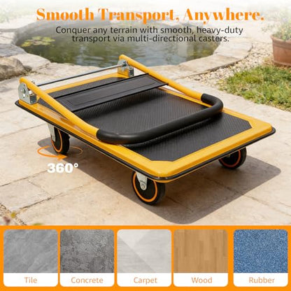 Heavy Duty Foldable Push Cart Dolly with 660 LBS Capacity - Collapsible Platform Truck with Swivel Wheels, Flat Bed Moving Wagon & Space Saving Handles - color: 660lbs-yellow