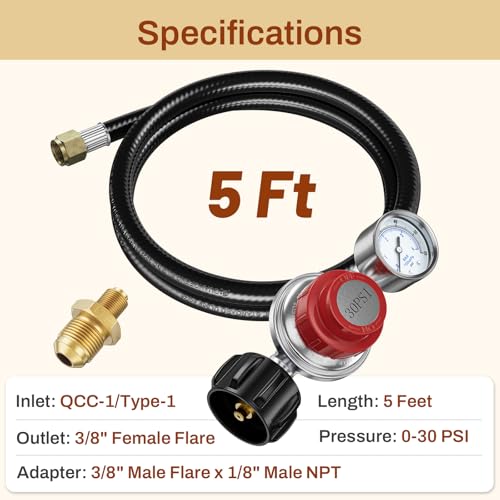 0-30 PSI Adjustable Propane Regulator with Gauge, 5 FT - size: 5 Feet