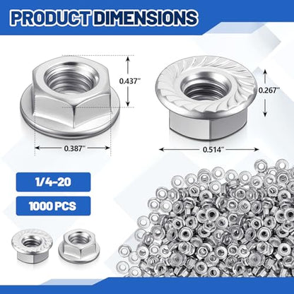 Hicarer 1000 Pack 1/4-20 Zinc Plated Serrated Flange Hex Lock Nuts, Serrated Flange 1/4-20 Hex Lock Nuts Locknuts Replacement Bright Finish Corrosion-Resistant - size: 1/4-20