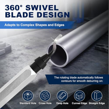 Deburring Tool with 10 HSS Blades and Silver Aluminum Handle, 360° Rotary Reamer for 3D Printing and Metal Edge Finishing, High-Speed Steel Tool for PVC, Copper and Resin - color: Silver