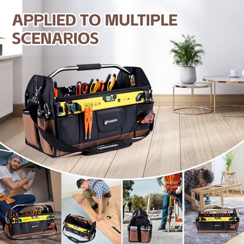 20 Inch Tool Bag, Foldable 19 Pockets Tool Tote Bags with Tool Organizer with Adjustable Shoulder Strap, Easy Carry and Easy Tool Access Open Top Tool Bag - size: 20IN
