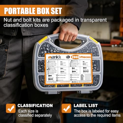 mankk 2000PCS Metric Screw Bolt Assortment Kit M2/M3/M4/M5/M6 Hex Socket Head Cap Bolts Nuts & Washers Set 12.9 Grade Alloy Steel Zinc Plated Metric Machine Screws - size: M2/M3/M4/M5/M6