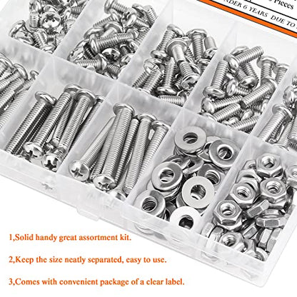 HELIFOUNER 200 Pieces #8-32 Phillips Pan Head Machine Screws Nuts Washers Assortment Kit, Coarse Thread, Fully Machine Threaded, 304 Stainless Steel - size: #8-32, style: Phillips Pan Head