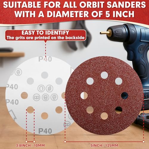 JTIEO 100PCS Sanding Discs 5 Inch, 150 Grit Orbital Sander Pads, Hook & Loop Sandpaper Pads, 8 Hole Round Sanding Discs for Random Orbital Sanders - style: 150Grit-100pcs