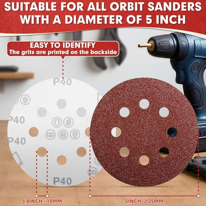 JTIEO 100PCS Sanding Discs 5 Inch, 150 Grit Orbital Sander Pads, Hook & Loop Sandpaper Pads, 8 Hole Round Sanding Discs for Random Orbital Sanders - style: 150Grit-100pcs