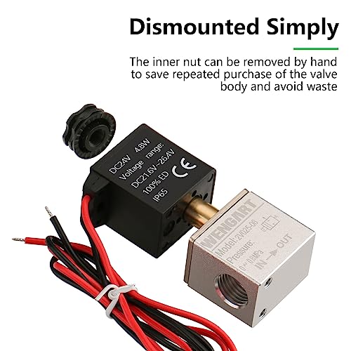 Wengart 2-Way 2-Position Pneumatic Solenoid Valve for DIYers & Engineers to Prevent Low-Pressure Leaks via DC 24V Coil, Nickel-Plated Copper Body & 6mm Fitting Kit