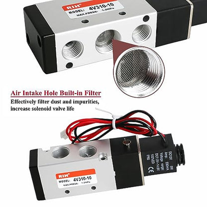 RIH Pneumatics Solenoid Valve 4V310-10 12V/24V/110V Series Single Coil Pilot-Operated Electric 2 Position 5 Way Connection Type (DC12V/Out of line, 3/8"NPT) - size: DC12V/Out of line, style: 3/8"NPT