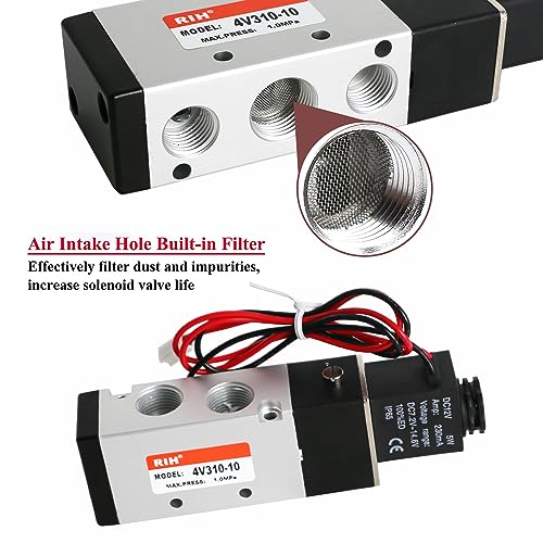 RIH Pneumatics Solenoid Valve 4V310-10 12V/24V/110V Series Single Coil Pilot-Operated Electric 2 Position 5 Way Connection Type (DC12V/Out of line, 3/8"NPT) - size: DC12V/Out of line, style: 3/8"NPT