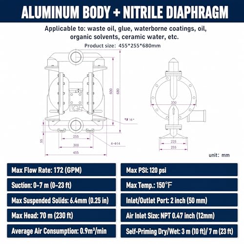 1 Inch Air r-Operated DoubleDiaphragm Pump, Aluminum Alloy PTFE Industrial Pneumatic Transfer Pump 35GPM 120PSI, for Low Viscosity Fluid, Oil, Diesel, Colorant (QBY4-50 Aluminum +PTFE 172GPM)