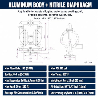 1 Inch Air r-Operated DoubleDiaphragm Pump, Aluminum Alloy PTFE Industrial Pneumatic Transfer Pump 35GPM 120PSI, for Low Viscosity Fluid, Oil, Diesel, Colorant (QBY4-50 Aluminum +PTFE 172GPM)