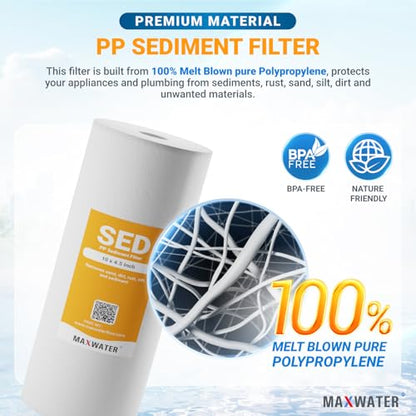 Max Water 10" x 4.5" Whole House Sediment Filter Replacement Cartridge | 1 Micron Melt-Blown Polypropylene Well Water Filter, Compatible with DGD-5005, AP810, WFHD13001B (12 Pack) - size: 12, style: 1 Micron