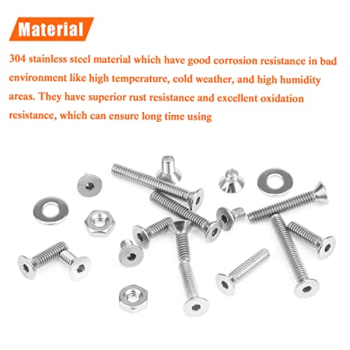 HELIFOUNER 210 Pieces #8-32 x 1/4" 5/16" 3/8" 1/2" 5/8" 3/4" 1" 1-1/4", Countersunk Head Socket Cap Screws Bolts Washers Nuts Kit, Coarse Thread, Fully Machine Threaded, 304 Stainless Steel - size: #8-32, style: Countersunk Head