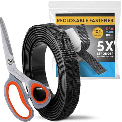 Industrial Strength - 10FT + Scissors Black Indoor/Outdoor Adhesive Mounting Tape - Self Mating Reclosable Fastener Compatible with 3M SJ3550 / SJ3560 Dual Lock - size: 10 FT + SCISSORS, style: Black
