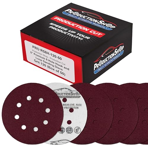 ProductionShop Premium 5" Red 8-Hole Pattern 120 Grit Sanding Discs, Box of 50 - Dustless Hook & Loop Backing Sandpaper for Random Orbital Sanders, Medium-Cut Abrasive - Woodworking, Sand Auto Paint - style: 120 Grit