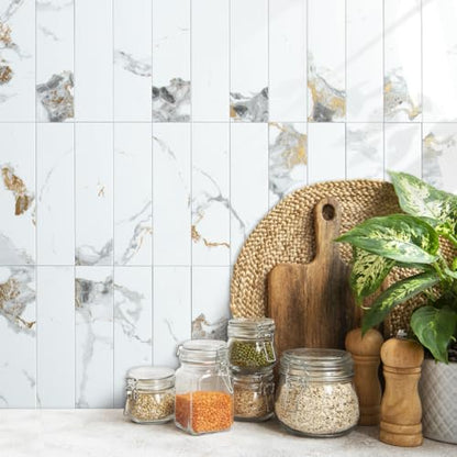 AULIGET 40-Piece Polished White Marble with Gold Peel and Stick Backsplash Wall Tiles, 3" x 12" PVC Faux Stone Stick on Tiles for Backsplash Kitchen, Bathroom, Laundry Room, Camper, Fireplace - color: Polished White Marble & Gold, size: 40 Pieces, 3"x12"x