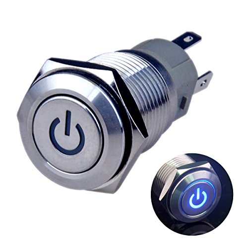 Latching Push Button Switch U16F5 1NO1NC SPDT ON/Off Silver Stainless Steel Shell with Blue Power Symbol LED Suitable for 16mm 5/8" Mounting Hole (Blue) - color: Silver with Blue LED
