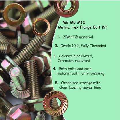 404Pcs Class 10.9 Metric Flange Bolts Kit - M6 M8 M10 (12-30mm) - size: M6 x 1, M8 x 1.25, M10 x 1.5