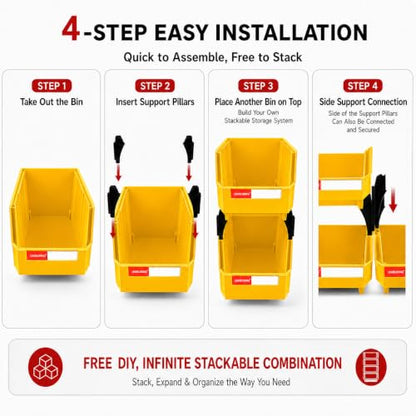 12 Pack Stackable Plastic Parts Bins, 7x5x4 in, Yellow - color: Yellow-12 Pack, size: 7"x5"x4"
