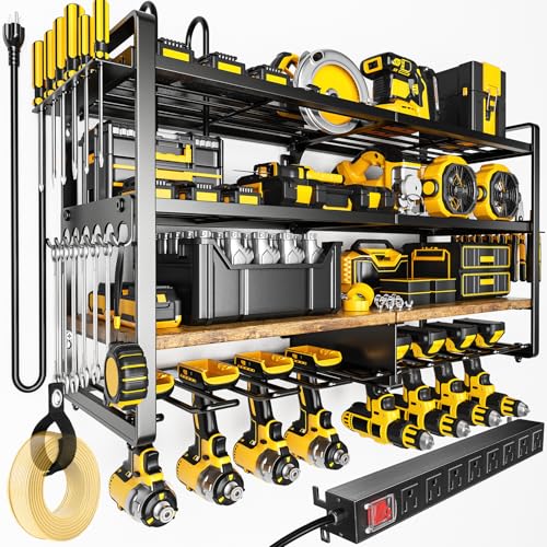 POKIPO Power Tool Organizer Wall Mount with Charging Station, 4 Tier Tool Battery Storage Rack Built in 8 Outlet Power Strip for Garage, 33" W, Black Wood - color: Black Brown, size: 33" W