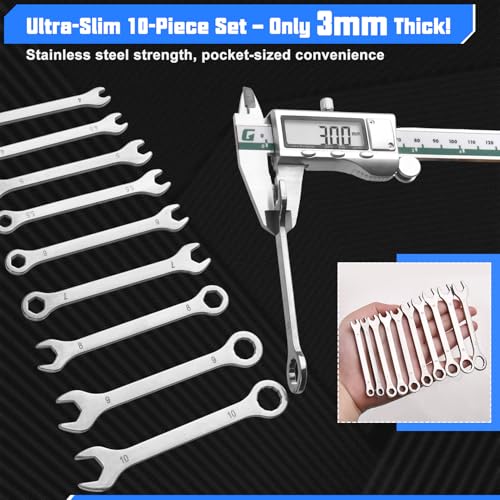 10PCS Super-Thin Mini Wrench Set Standard Metric 4mm-11mm Stainless Steel Ignition Wrenches Open End and Box End Combination Wrench Set for Tight Spaces, Circle Ring, Gate Clip in Pouch - size: Ultra-Thin Metric